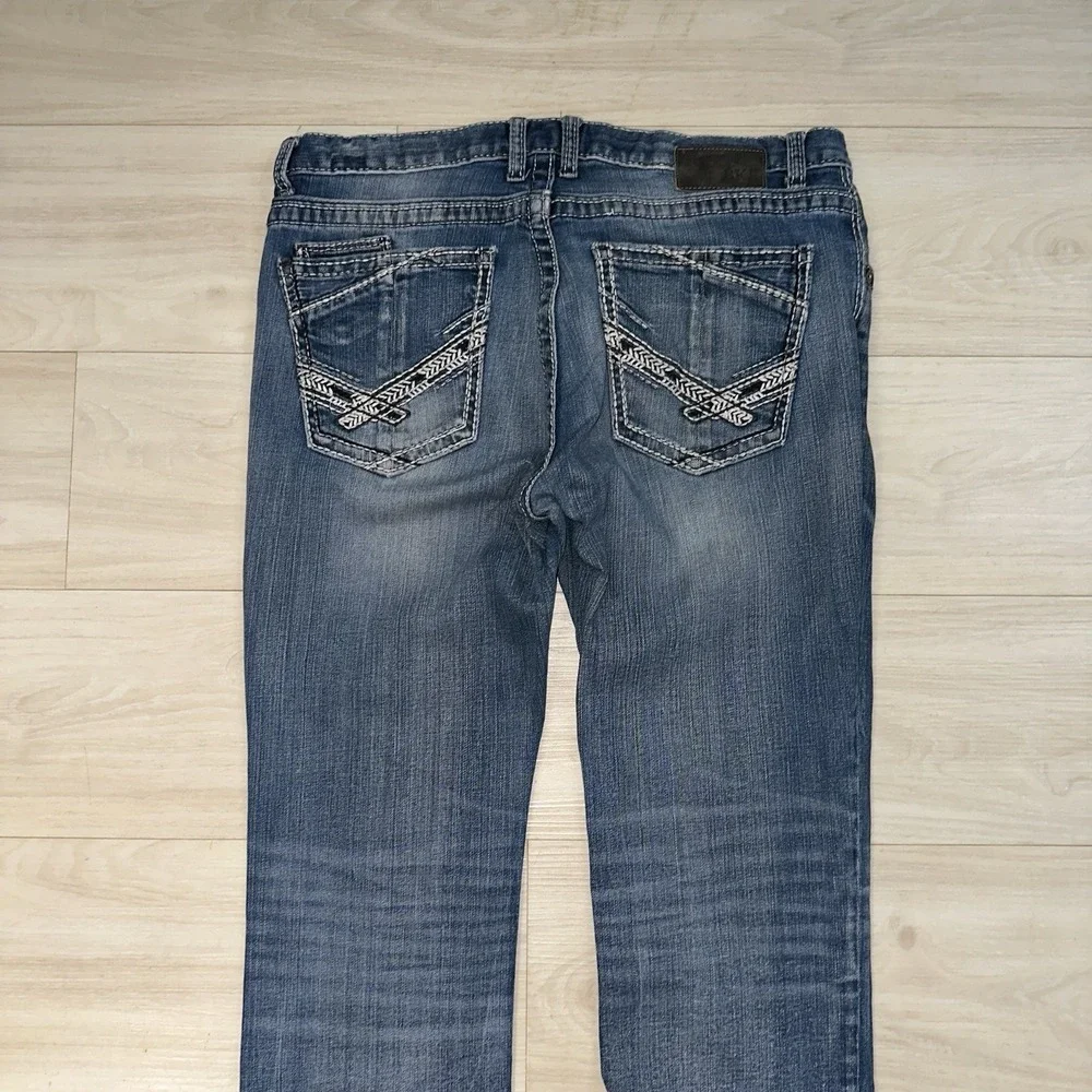 BKE Jeans Mens 34L Blue Derek Straight 36x33 Faded Whiskered Dark‎ Wash Denim